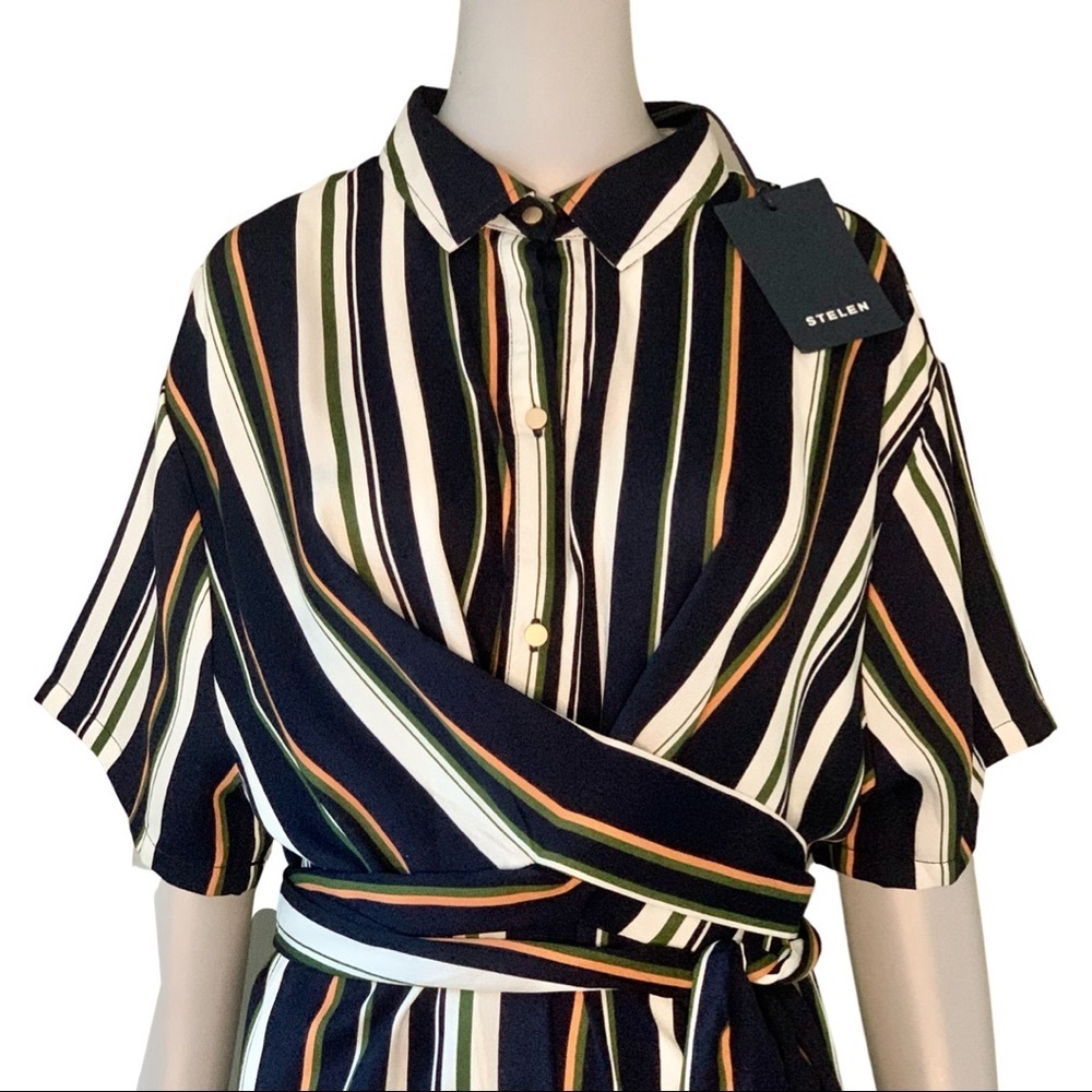 NWT STELAN Striped Faux Wrap Front Midi Dress Blue Short Sleeves Career Work MED - Picture 3 of 16